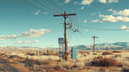 Poster - A telephone pole with equipment boxes at its base, providing connections for telecommunication services.