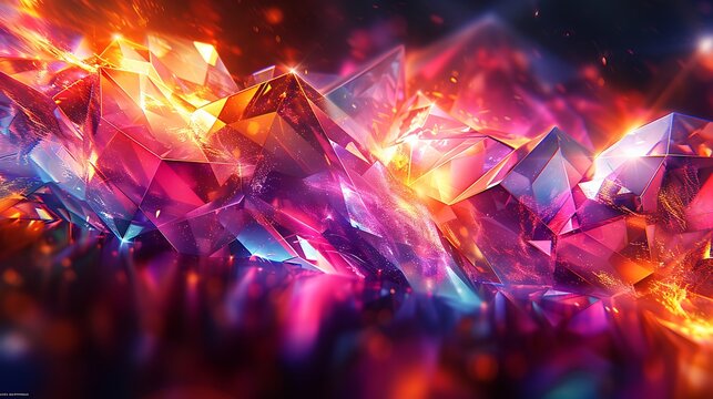 Sparkling diamond shapes with jewel tones, vibrant neon colors, dark background, hd quality, digital art, high contrast, geometric precision, modern design, artistic composition, dynamic and lively