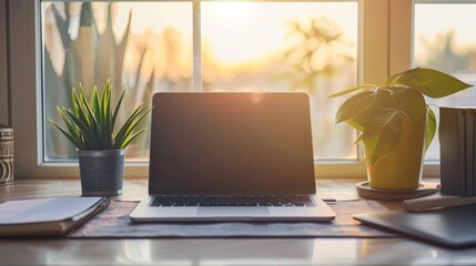 Aufkleber - A tidy work desk with a laptop, notebook, and potted plant, bathed in soft morning light
