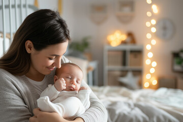 a mother gently cradling her newborn baby in a softly lit bedroom with fairy lights and a tranquil a