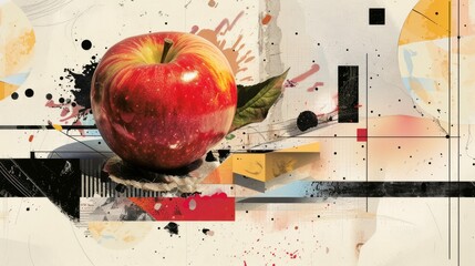 A digital collage blends rotted apple serving as the centerpiece of a larger composition that explores themes of decay and renewal.