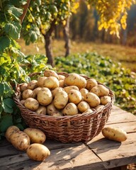 Fresh potatoes in a basket on a wooden table in the garden. Bountiful harvest, a heap of potatoes in a wicker basket. Potato plant for product consume. Farm products.