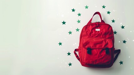 Backpack: A red backpack against a white background, with green stars shining around it