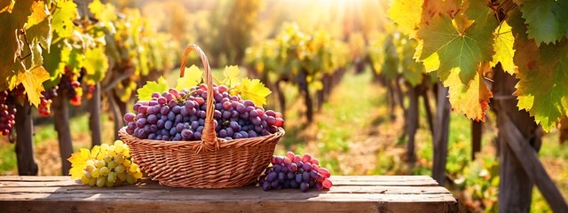 Wall Mural - Fresh ripe grapes in basket in the garden. Freshly harvested grapes nestled in a charming basket. This horizontal banner poster showcases the bounty of a fall garden with vibrant grapes.