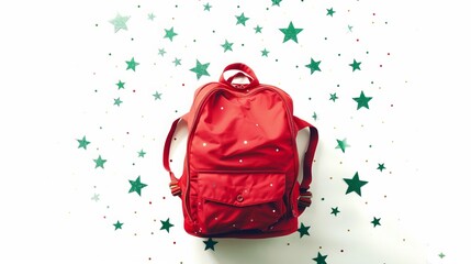 Backpack: A red backpack against a white background, with green stars shining around it