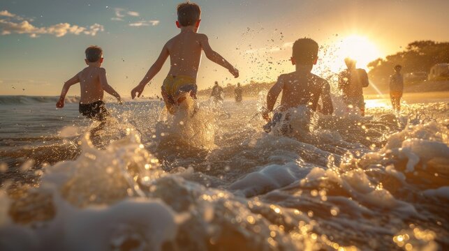Happy Kids playing in ocean waves at sunset