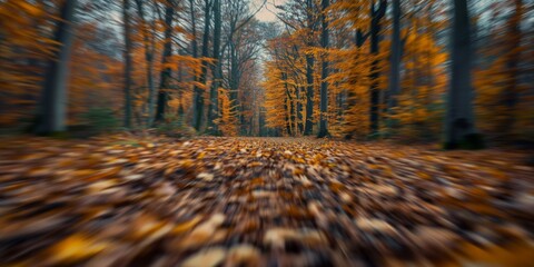 perspective fast motion blue in autumn forest, backdrop