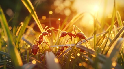 Poster - Ants exploring a sunlit patch of grass, basking in the warmth and soaking up the light.