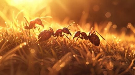 Poster - Ants exploring a sunlit patch of grass, basking in the warmth and soaking up the light.