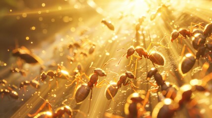 Poster - Ants foraging on a bright, sunny day, their tiny bodies illuminated by the golden rays of sunlight.