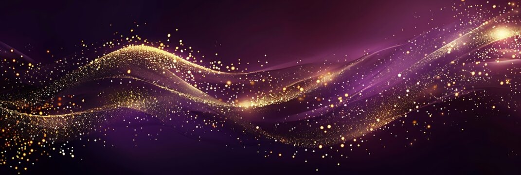 Gold glitter spiral on a dark purple background with a golden wave on a plum backdrop, creating a mystical galaxy fantasy illustration perfect for copy space text, web, and mobile designs.
