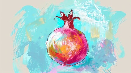 Wall Mural - A beautiful painting of a pomegranate. The rich colors and brushstrokes give the piece a sense of vibrancy and life.