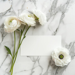 Wall Mural - Birth Month Flowers card mockup, blank white card with a couple simple Flowers on marble background 