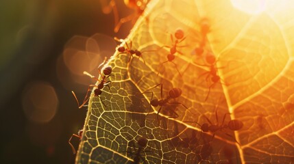 Macro shot of ants crawling on a translucent leaf, with sunlight filtering through, casting intriguing patterns.