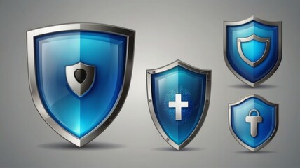 Wall Mural - A realistic set of blue security shield icons, isolated on a transparent background, featuring 3D safety symbols such as locks, keys, crosses, and tick signs. These symbols represent data privacy.