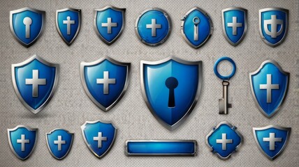 Poster - A realistic set of blue security shield icons, isolated on a transparent background, featuring 3D safety symbols such as locks, keys, crosses, and tick signs. These symbols represent data privacy.