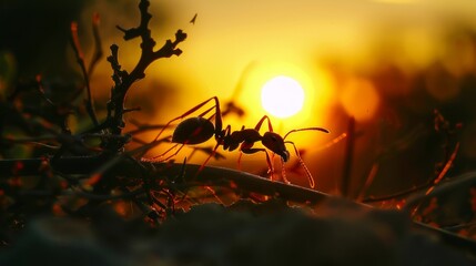 Poster - Silhouette of ants against a radiant sunset sky, their tiny forms outlined by the warm, golden hues of twilight.