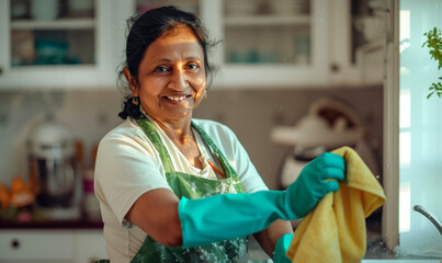 Wall Mural - cleaning lady from India wear plastic gloves and uniform and cleaning the high shelfes