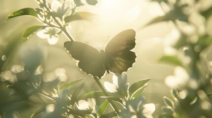 Poster - The shadow of a butterfly perched on a flower petal, delicate and ephemeral in the morning light.