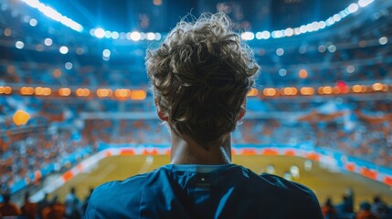 Wall Mural - A spectator's back view with curly hair watching a live sports event at a brightly lit stadium