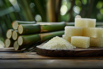 Fresh sugar cane and refined sugar on wooden table