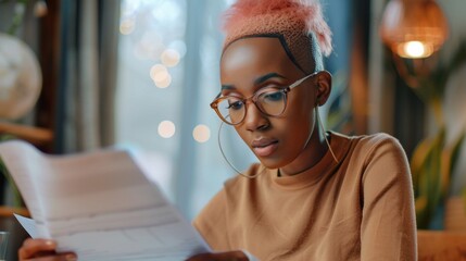 Poster - A woman with pink hair and glasses is reading a piece of paper