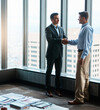 © Reese Coop/peopleimages.com - Meeting, business people and handshake for partnership, agreement and teamwork in corporate project. Office, professional career and lawyers for collaboration, b2b deal and mockup space in law firm