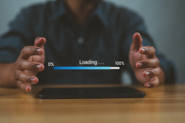 Poster - Businessman using tablet and waiting with digital loading bar progress for download data information concept.