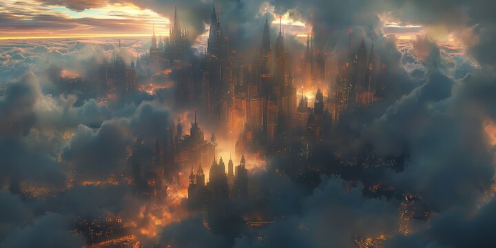 futuristic cityscape aerial view in cloud with light glow