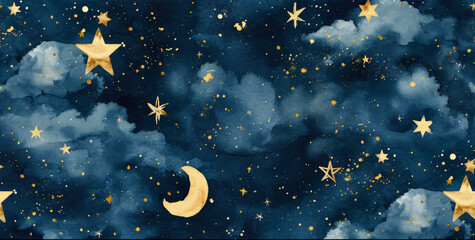 Poster - watercolor night sky with clouds and golden stars