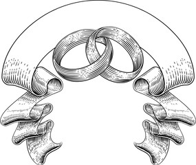 Wall Mural - a wedding rings bands and banner scroll design in a vintage woodcut style