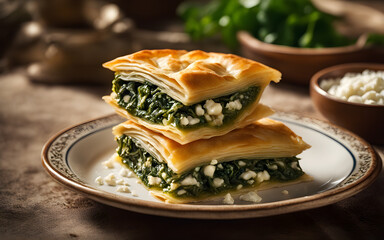 Wall Mural - Greek spanakopita, spinach, feta, flaky phyllo pastry, close-up, traditional plate, sunlit table