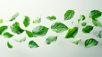 Wall Mural - Green Leaves Floating on White Background