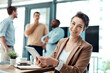 © peopleimages.com - Portrait, tablet and business woman research in office for information or email online. Face, finance manager and happy professional entrepreneur coworking on technology for profit report in company