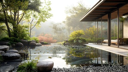 Wall Mural - Peaceful Zen Garden Pond with Reflective Water and Lush Foliage