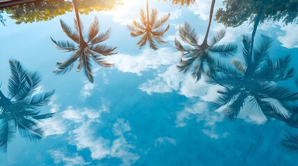 Wall Mural - Serene Morning Scene with Reflecting Pool and Palm Trees in Idyllic Tropical Paradise