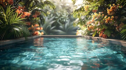 Canvas Print - Lush Tropical Pool Oasis Surrounded by Vibrant Flowers and Lush Greenery