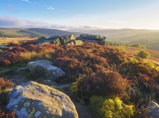 The rugged beauty of yorkshire dales rocks, with its rolling hills and distant horizon view from shoulders over boulders overlooking an expansive field below.