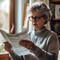 Poster - An elderly gray-haired woman is holding an instruction manual and reading it.