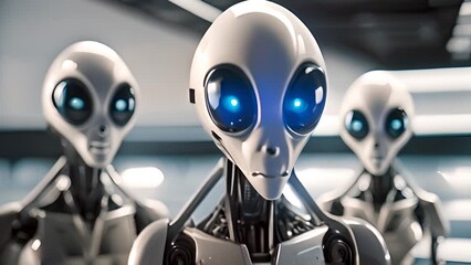 Poster - three grey alien robots standing in line generative ai