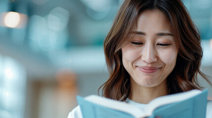 Smiling Asian woman reading the Bible, focused and content, in a blurred indoor setting with natural lighting, emphasizing Christian faith.