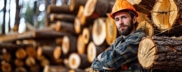 Wall Mural - A rugged sawmill worker wearing a hard hat and plaid shirt stands in a forested area with logs stacked behind him.