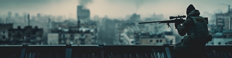 Wall Mural - Sniper on a rooftop overlooking a cityscape, ready for action in a dystopian environment.
