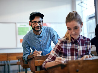 Aufkleber - Students, learning and cheating for university as group in college or school in class for assignment. Male person, people and academic test for answers in exam, project or tutorial for mathematics