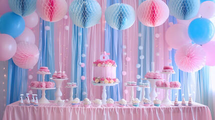 Birthday Party items and table items in a room decorated with balloons in the background