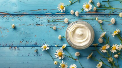 Wall Mural - Camomile infused cosmetic cream on blue wooden surface