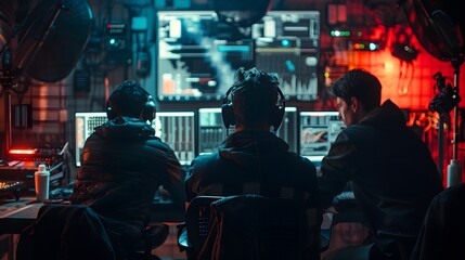 Poster - coordinated cyber attack executed by a team of hackers in a dark tech room