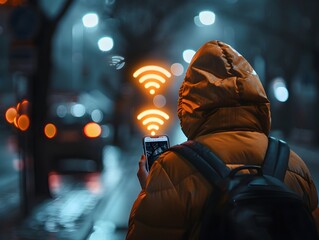 Poster - hacker using smartphone to breach wireless network successful access displayed on screen in futurist