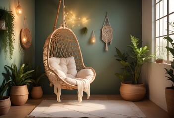 interior design style- reading nook with a hanging rattan chair, cozy floor pouf, and a macrame wall hanging