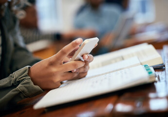 Poster - Hands, school and university with phone for research, reading message on mobile app in classroom. Student, college or social media with education or learning, scroll for news story with technology